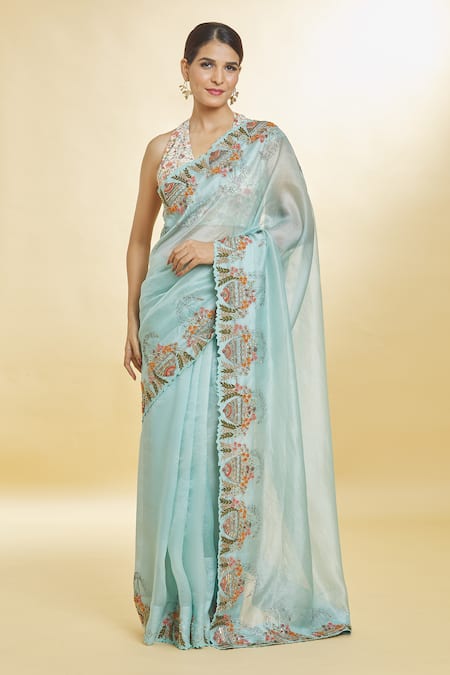 Priyal Bhardwaj Blue Organza Hand Embroidered Sequin Resham Bordered Saree 