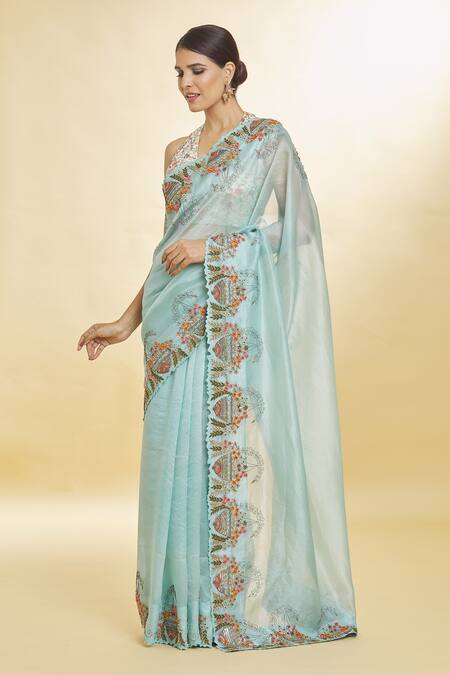 Buy_Priyal Bhardwaj_Blue Organza Embroidery, Sequins Resham Bordered Saree _Online_at_Aza_Fashions