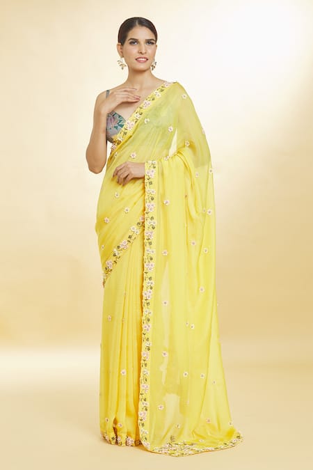 Priyal Bhardwaj Yellow Organza Sequins, Pearls 3d Floral Applique Embroidered Saree Online at Aza Fashions Priyal Bhardwaj_Yellow Organza Sequins, Pearls 3d Floral Applique Embroidered Saree _Online_at_Aza_Fashions