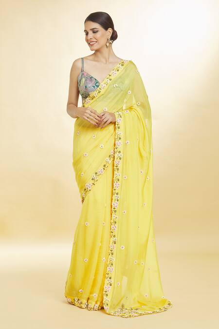 Buy Priyal Bhardwaj Yellow Organza Sequins, Pearls 3d Floral Applique Embroidered Saree Online at Aza Fashions Buy_Priyal Bhardwaj_Yellow Organza Sequins, Pearls 3d Floral Applique Embroidered Saree _Online_at_Aza_Fashions