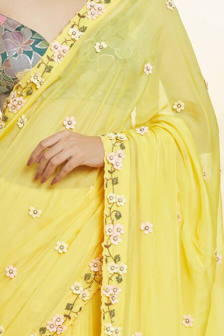 Buy Canary Yellow 3D Floral Embroidered Organza Saree