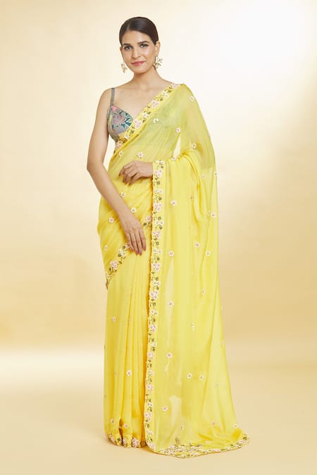 Priyal Bhardwaj Yellow Organza Sequins, Pearls 3d Floral Applique Embroidered Saree at Aza Fashions Priyal Bhardwaj_Yellow Organza Sequins, Pearls 3d Floral Applique Embroidered Saree _at_Aza_Fashions