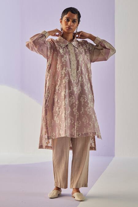 Surbhi Gupta Gray Cotton, Silk Embroidery Collared Flora Hand Block Print Shirt And Trouser Set Online at Aza Fashions Surbhi Gupta_Gray Cotton, Silk Embroidery Collared Flora Hand Block Print Shirt And Trouser Set _Online_at_Aza_Fashions