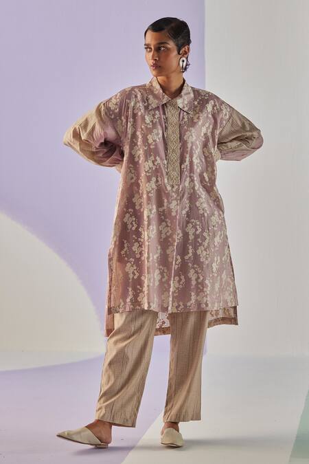 Shop Surbhi Gupta Gray Cotton, Silk Embroidery Collared Flora Hand Block Print Shirt And Trouser Set Online at Aza Fashions Shop_Surbhi Gupta_Gray Cotton, Silk Embroidery Collared Flora Hand Block Print Shirt And Trouser Set _Online_at_Aza_Fashions