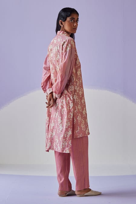 Shop Surbhi Gupta Pink Cotton, Silk Embroidery Bloom Hand Block Print Long Shirt Trouser Set at Aza Fashions Shop_Surbhi Gupta_Pink Cotton, Silk Embroidery Bloom Hand Block Print Long Shirt Trouser Set _at_Aza_Fashions