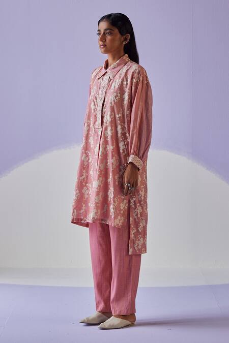 Surbhi Gupta Pink Cotton, Silk Embroidery Bloom Hand Block Print Long Shirt Trouser Set Online at Aza Fashions Surbhi Gupta_Pink Cotton, Silk Embroidery Bloom Hand Block Print Long Shirt Trouser Set _Online_at_Aza_Fashions