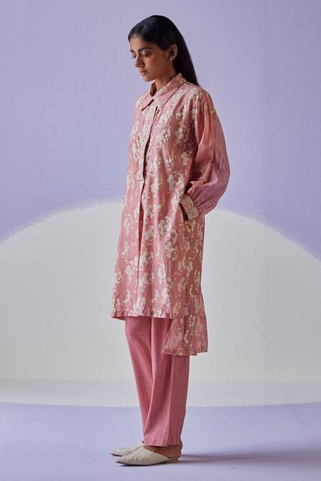 Buy Surbhi Gupta Pink Cotton, Silk Embroidery Bloom Hand Block Print Long Shirt Trouser Set Online at Aza Fashions Buy_Surbhi Gupta_Pink Cotton, Silk Embroidery Bloom Hand Block Print Long Shirt Trouser Set _Online_at_Aza_Fashions