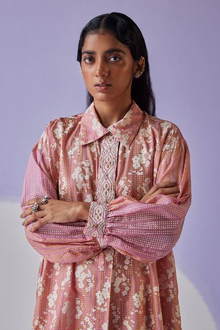 Shop Surbhi Gupta Pink Cotton, Silk Embroidery Bloom Hand Block Print Long Shirt Trouser Set Online at Aza Fashions Shop_Surbhi Gupta_Pink Cotton, Silk Embroidery Bloom Hand Block Print Long Shirt Trouser Set _Online_at_Aza_Fashions