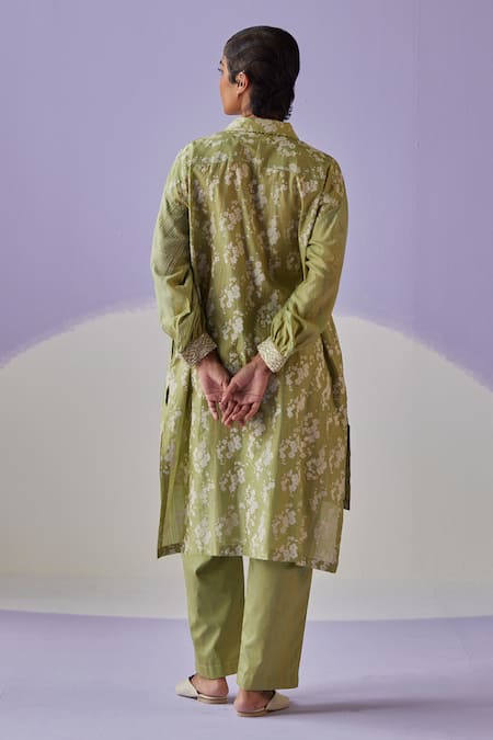 Shop Surbhi Gupta Green Cotton, Silk Diamonds Blossom Hand Block Print Long Shirt Trouser Set at Aza Fashions Shop_Surbhi Gupta_Green Cotton, Silk Diamonds Blossom Hand Block Print Long Shirt Trouser Set _at_Aza_Fashions