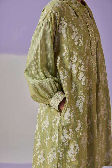 Surbhi Gupta Green Cotton, Silk Diamonds Blossom Hand Block Print Long Shirt Trouser Set Online at Aza Fashions Surbhi Gupta_Green Cotton, Silk Diamonds Blossom Hand Block Print Long Shirt Trouser Set _Online_at_Aza_Fashions
