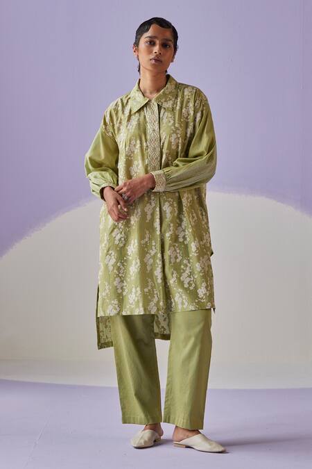 Buy Surbhi Gupta Green Cotton, Silk Diamonds Blossom Hand Block Print Long Shirt Trouser Set Online at Aza Fashions Buy_Surbhi Gupta_Green Cotton, Silk Diamonds Blossom Hand Block Print Long Shirt Trouser Set _Online_at_Aza_Fashions