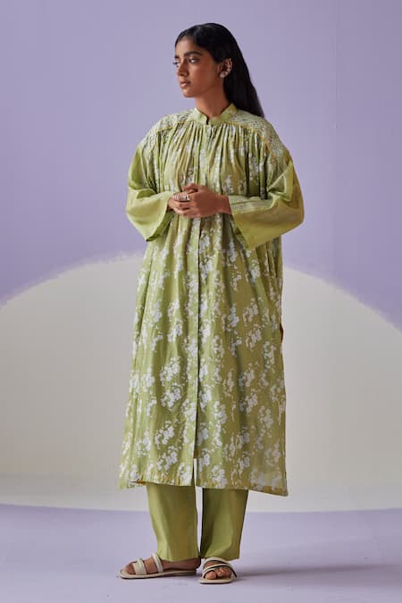 Surbhi Gupta Green Shirt Cotton Silk Print Hand Block Floral Long Trouser Set 