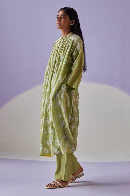 Buy Surbhi Gupta Green Cotton, Silk Embroidery, Floral Hand Block Print Long Shirt Trouser Set Online at Aza Fashions Buy_Surbhi Gupta_Green Cotton, Silk Embroidery, Floral Hand Block Print Long Shirt Trouser Set _Online_at_Aza_Fashions
