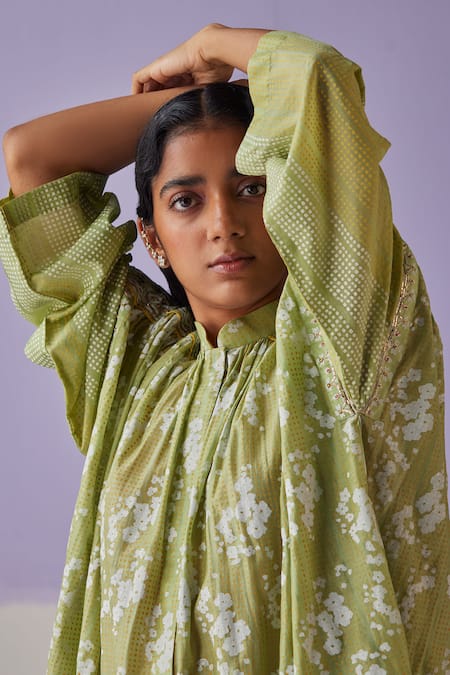 Shop Surbhi Gupta Green Cotton, Silk Embroidery, Floral Hand Block Print Long Shirt Trouser Set Online at Aza Fashions Shop_Surbhi Gupta_Green Cotton, Silk Embroidery, Floral Hand Block Print Long Shirt Trouser Set _Online_at_Aza_Fashions