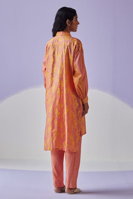 Shop Surbhi Gupta Orange Cotton, Silk Beads Collared Hand Block Print Long Shirt Trouser Set at Aza Fashions Shop_Surbhi Gupta_Orange Cotton, Silk Beads Collared Hand Block Print Long Shirt Trouser Set _at_Aza_Fashions