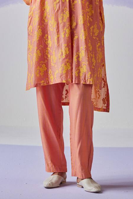 Surbhi Gupta Orange Cotton, Silk Beads Collared Hand Block Print Long Shirt Trouser Set Online at Aza Fashions Surbhi Gupta_Orange Cotton, Silk Beads Collared Hand Block Print Long Shirt Trouser Set _Online_at_Aza_Fashions