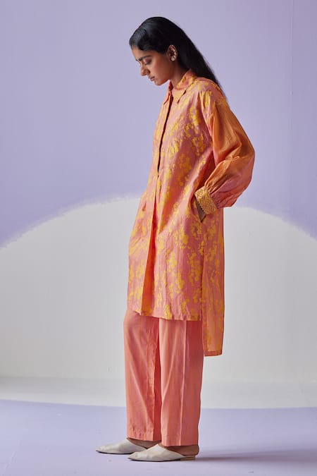 Buy Surbhi Gupta Orange Cotton, Silk Beads Collared Hand Block Print Long Shirt Trouser Set Online at Aza Fashions Buy_Surbhi Gupta_Orange Cotton, Silk Beads Collared Hand Block Print Long Shirt Trouser Set _Online_at_Aza_Fashions