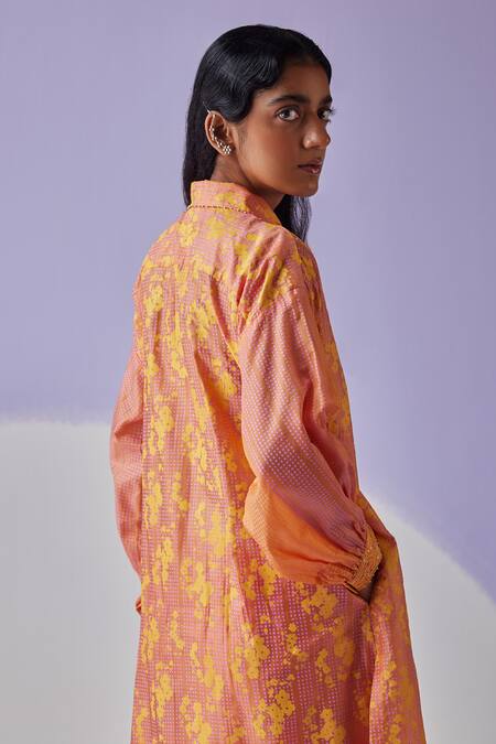 Shop Surbhi Gupta Orange Cotton, Silk Beads Collared Hand Block Print Long Shirt Trouser Set Online at Aza Fashions Shop_Surbhi Gupta_Orange Cotton, Silk Beads Collared Hand Block Print Long Shirt Trouser Set _Online_at_Aza_Fashions