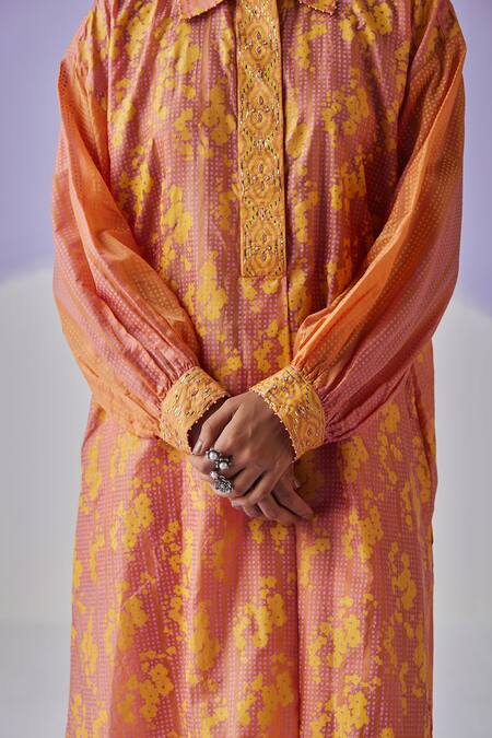 Surbhi Gupta Orange Cotton, Silk Beads Collared Hand Block Print Long Shirt Trouser Set at Aza Fashions Surbhi Gupta_Orange Cotton, Silk Beads Collared Hand Block Print Long Shirt Trouser Set _at_Aza_Fashions