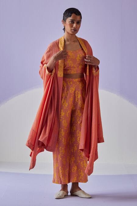 Surbhi Gupta Orange Flowery Print Cape Trouser Set Online at Aza Fashions Surbhi Gupta_Orange Flowery Print Cape Trouser Set _Online_at_Aza_Fashions