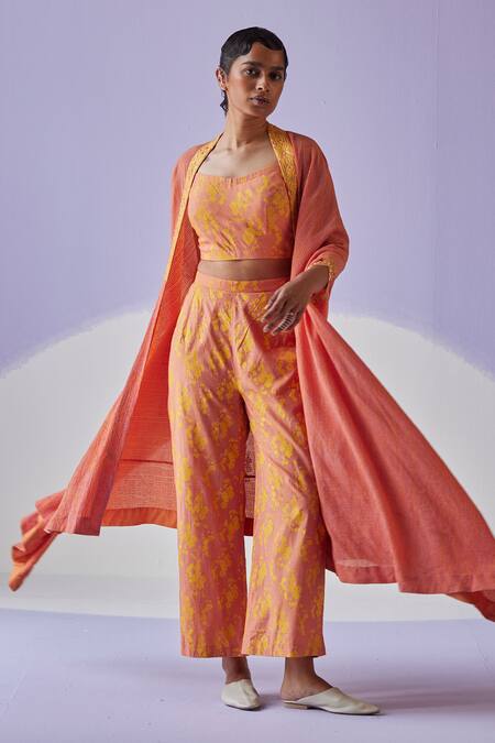 Buy Surbhi Gupta Orange Flowery Print Cape Trouser Set Online at Aza Fashions Buy_Surbhi Gupta_Orange Flowery Print Cape Trouser Set _Online_at_Aza_Fashions