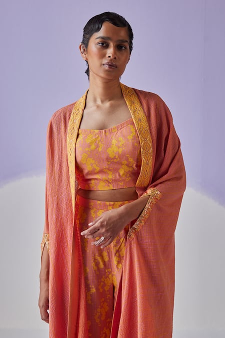 Shop Surbhi Gupta Orange Flowery Print Cape Trouser Set Online at Aza Fashions Shop_Surbhi Gupta_Orange Flowery Print Cape Trouser Set _Online_at_Aza_Fashions