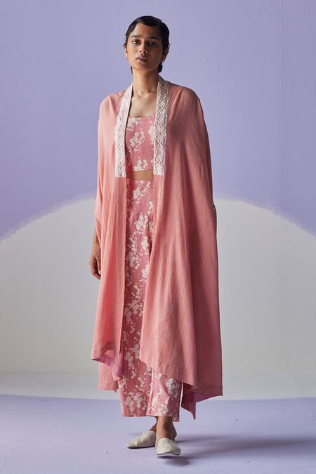 Surbhi Gupta Pink Flower Print Cape Trouser Set