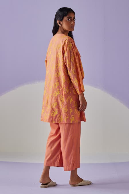 Shop Surbhi Gupta Orange Cotton, Silk, Denim Beads, Diamonds Blossomy Print Jacket Trouser Set at Aza Fashions Shop_Surbhi Gupta_Orange Cotton, Silk, Denim Beads, Diamonds Blossomy Print Jacket Trouser Set _at_Aza_Fashions