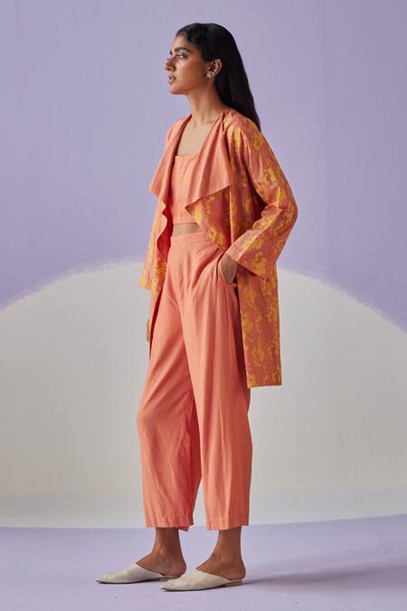 Buy Surbhi Gupta Orange Cotton, Silk, Denim Beads, Diamonds Blossomy Print Jacket Trouser Set Online at Aza Fashions Buy_Surbhi Gupta_Orange Cotton, Silk, Denim Beads, Diamonds Blossomy Print Jacket Trouser Set _Online_at_Aza_Fashions