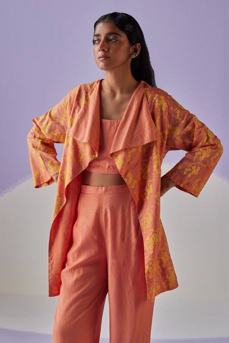 Shop Surbhi Gupta Orange Cotton, Silk, Denim Beads, Diamonds Blossomy Print Jacket Trouser Set Online at Aza Fashions Shop_Surbhi Gupta_Orange Cotton, Silk, Denim Beads, Diamonds Blossomy Print Jacket Trouser Set _Online_at_Aza_Fashions