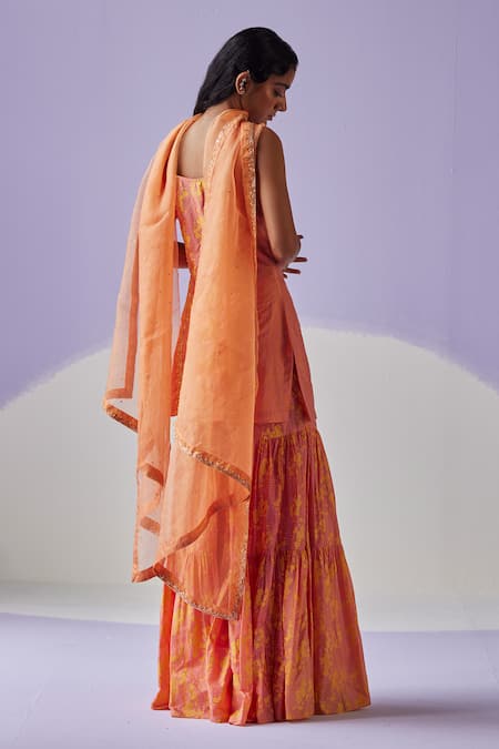 Shop Surbhi Gupta Orange Bloomy Print Kurta Sharara Set at Aza Fashions Shop_Surbhi Gupta_Orange Bloomy Print Kurta Sharara Set _at_Aza_Fashions