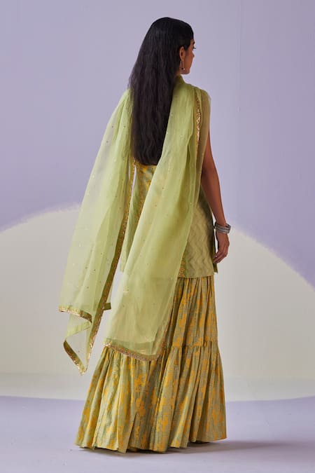 Shop Surbhi Gupta Green Kurta And Sharara Cotton Silk Print Hand Bloomy Flora Set at Aza Fashions Shop_Surbhi Gupta_Green Kurta And Sharara Cotton Silk Print Hand Bloomy Flora Set _at_Aza_Fashions