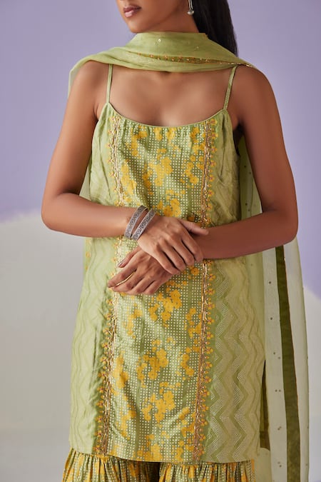 Shop Surbhi Gupta Green Kurta And Sharara Cotton Silk Print Hand Bloomy Flora Set Online at Aza Fashions Shop_Surbhi Gupta_Green Kurta And Sharara Cotton Silk Print Hand Bloomy Flora Set _Online_at_Aza_Fashions