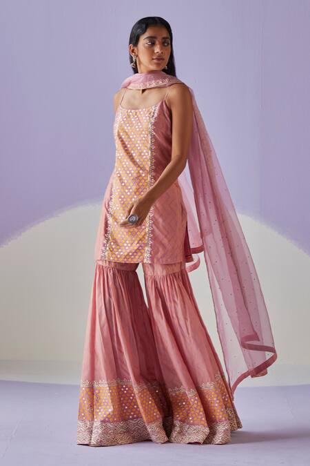 Surbhi Gupta Pink Hand Block Jaal Print Kurta Sharara Set Online at Aza Fashions Surbhi Gupta_Pink Hand Block Jaal Print Kurta Sharara Set _Online_at_Aza_Fashions