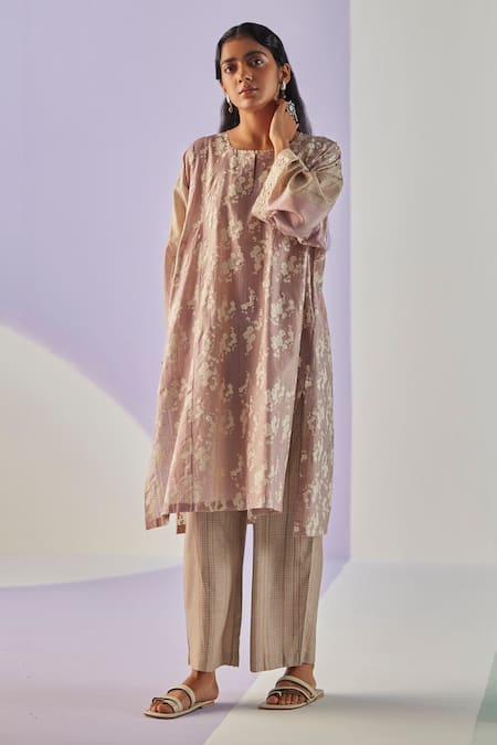 Surbhi Gupta Grey Kurta Cotton Silk Print Hand Floral Long Shirt Trouser Set 