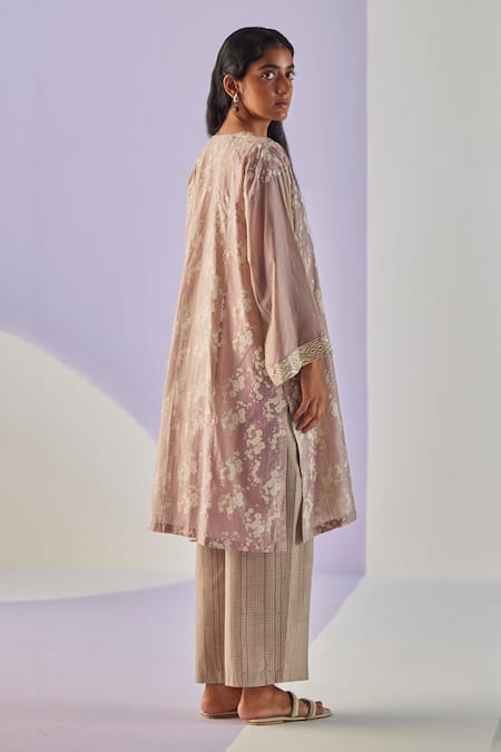 Shop Surbhi Gupta Grey Kurta Cotton Silk Print Hand Floral Long Shirt Trouser Set at Aza Fashions Shop_Surbhi Gupta_Grey Kurta Cotton Silk Print Hand Floral Long Shirt Trouser Set _at_Aza_Fashions