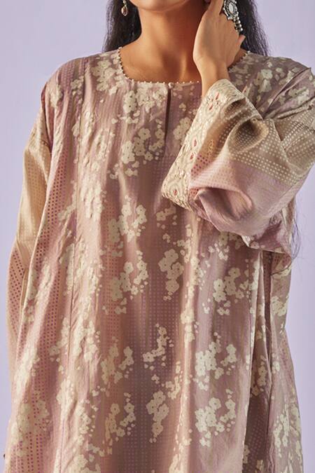 Surbhi Gupta Grey Kurta Cotton Silk Print Hand Floral Long Shirt Trouser Set Online at Aza Fashions Surbhi Gupta_Grey Kurta Cotton Silk Print Hand Floral Long Shirt Trouser Set _Online_at_Aza_Fashions