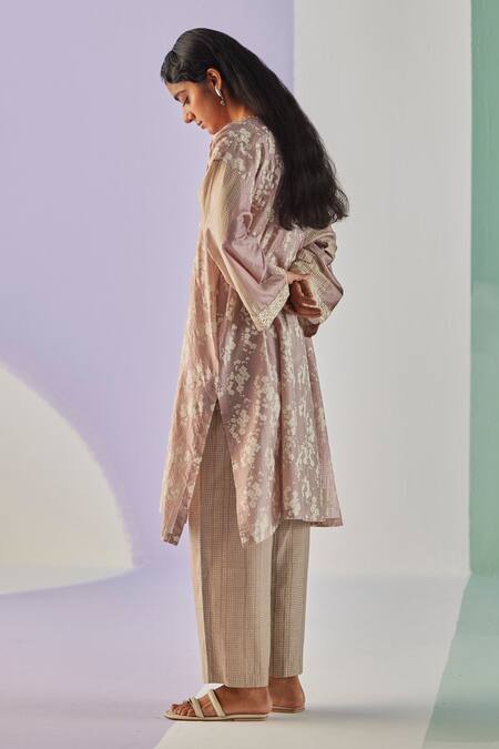 Buy Surbhi Gupta Grey Kurta Cotton Silk Print Hand Floral Long Shirt Trouser Set Online at Aza Fashions Buy_Surbhi Gupta_Grey Kurta Cotton Silk Print Hand Floral Long Shirt Trouser Set _Online_at_Aza_Fashions