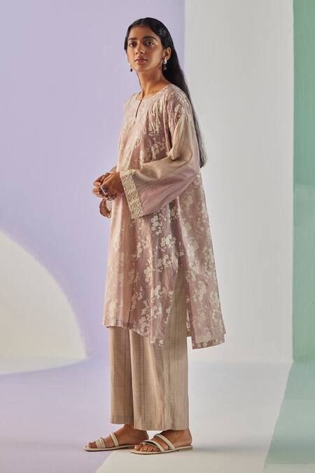 Shop Surbhi Gupta Grey Kurta Cotton Silk Print Hand Floral Long Shirt Trouser Set Online at Aza Fashions Shop_Surbhi Gupta_Grey Kurta Cotton Silk Print Hand Floral Long Shirt Trouser Set _Online_at_Aza_Fashions