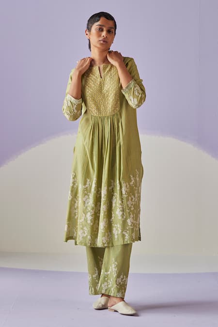 Surbhi Gupta Green Kurta Cotton Silk Print Hand Block Bloomy Daisy With Trouser 