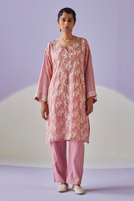 Surbhi Gupta Pink Kurta Cotton Silk Print Hand Block Blossomy Trouser Set 