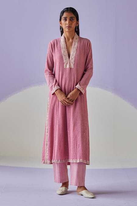 Surbhi Gupta Pink Crinkled Straight Kurta With Trouser