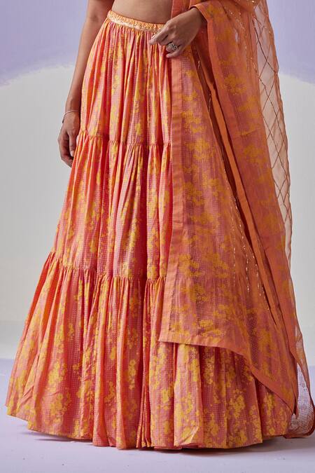 Surbhi Gupta Orange Flora Garden Block Print Lehenga Blouse Set Online at Aza Fashions Surbhi Gupta_Orange Flora Garden Block Print Lehenga Blouse Set _Online_at_Aza_Fashions
