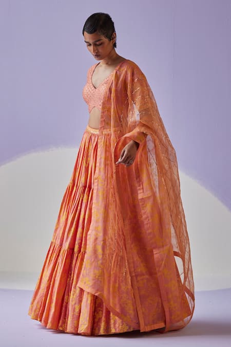 Buy Surbhi Gupta Orange Flora Garden Block Print Lehenga Blouse Set Online at Aza Fashions Buy_Surbhi Gupta_Orange Flora Garden Block Print Lehenga Blouse Set _Online_at_Aza_Fashions