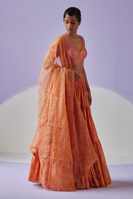 Shop Surbhi Gupta Orange Flora Garden Block Print Lehenga Blouse Set Online at Aza Fashions Shop_Surbhi Gupta_Orange Flora Garden Block Print Lehenga Blouse Set _Online_at_Aza_Fashions