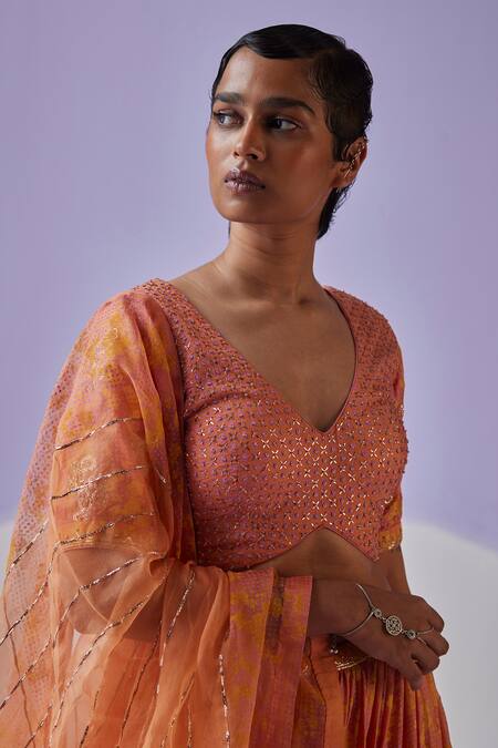 Surbhi Gupta Orange Flora Garden Block Print Lehenga Blouse Set at Aza Fashions Surbhi Gupta_Orange Flora Garden Block Print Lehenga Blouse Set _at_Aza_Fashions