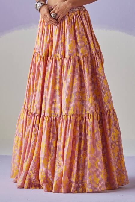 Surbhi Gupta Orange Cotton Satin, Cotton, Silk, Bloom Garden Block Print Lehenga Blouse Set Online at Aza Fashions Surbhi Gupta_Orange Cotton Satin, Cotton, Silk, Bloom Garden Block Print Lehenga Blouse Set _Online_at_Aza_Fashions