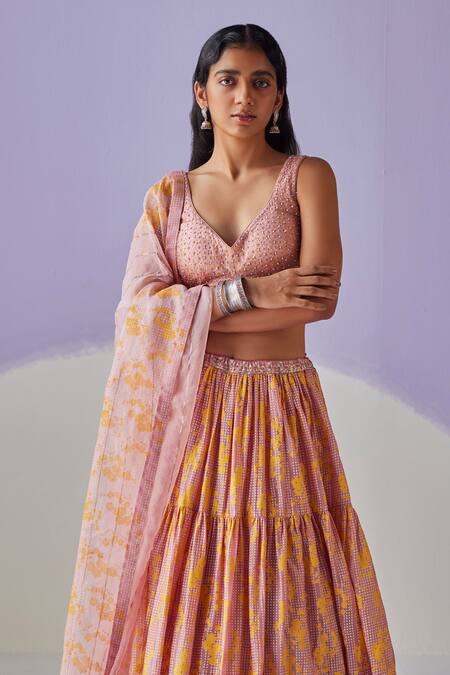 Buy Surbhi Gupta Orange Cotton Satin, Cotton, Silk, Bloom Garden Block Print Lehenga Blouse Set Online at Aza Fashions Buy_Surbhi Gupta_Orange Cotton Satin, Cotton, Silk, Bloom Garden Block Print Lehenga Blouse Set _Online_at_Aza_Fashions