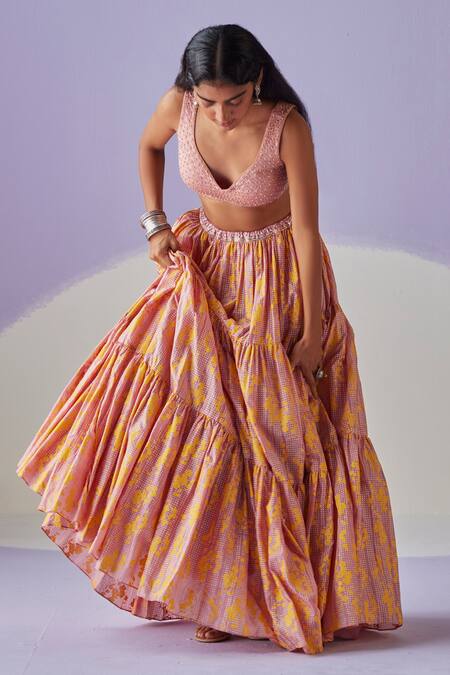 Shop Surbhi Gupta Orange Cotton Satin, Cotton, Silk, Bloom Garden Block Print Lehenga Blouse Set Online at Aza Fashions Shop_Surbhi Gupta_Orange Cotton Satin, Cotton, Silk, Bloom Garden Block Print Lehenga Blouse Set _Online_at_Aza_Fashions