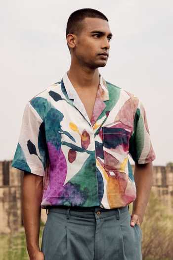 Shop_Kharakapas_Off White Cotton Jay Floral Art Print Shirt _Online_at_Aza_Fashions